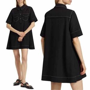 Ganni Sable Topstitch Crepe Swing Spread Collar Button Mini Dress Black NWT!